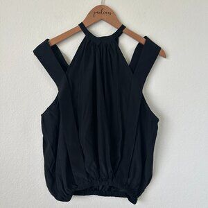 Alvin Valley Top Womens Medium Black Silk Cut Out Chic Halter Neck Blouse M